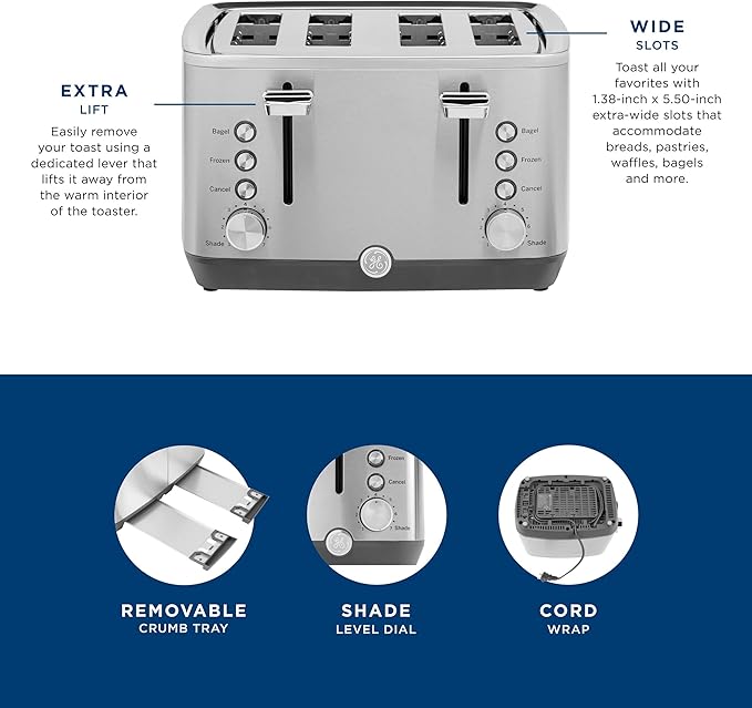 GE Stainless Steel 4 Slice Toaster | Extra Wide Slots for Bagels Breads Waffles &amp More | 7 Shade Options | Countertop Kitchen Essentials | 1500 watt