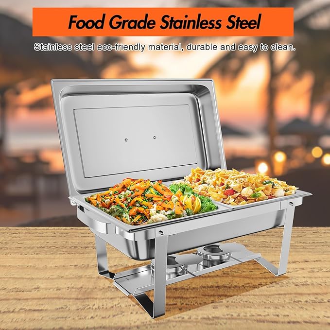 Catering Chafing Dish Set – 8QT Rectangular Stainless Steel Buffet Food Warmers – Includes Water Pan &amp Fuel Holders – Portable for Events Parties Banquets – 4-Pack Four-piece Set