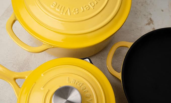 Larder &amp Vine 5-Piece Enameled Cast Iron Cookware Set - Includes 5.7 Quart Dutch Oven with Lid 10.25 Inch Skillet 2.2 Quart Saucepan with Lid (Limoncello)