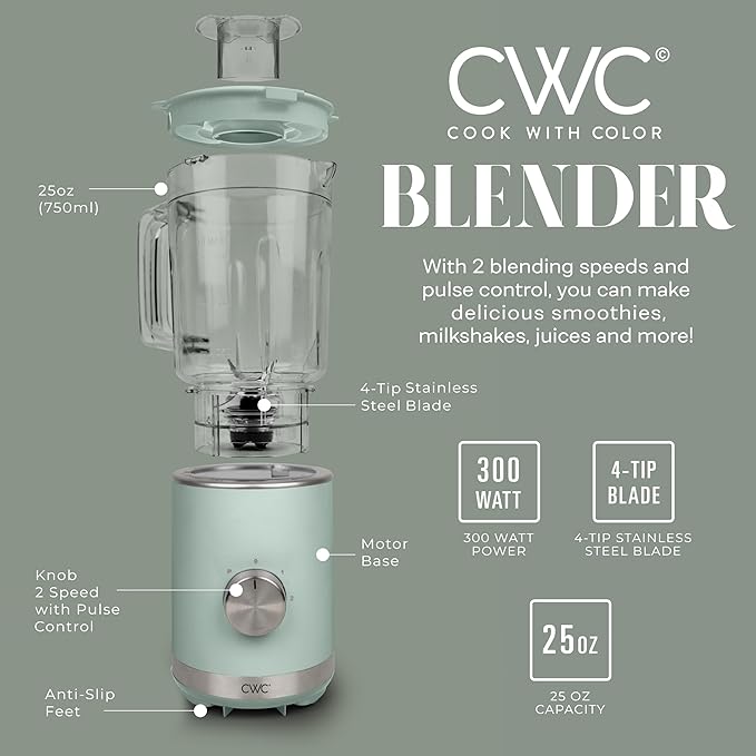 COOK WITH COLOR 300 Watt Blender: Powerful 2-Speed Control with Pulse 4-Tip Stainless Steel Blades 25oz (750ml) Jar and Skid-Resistant Feet Sage
