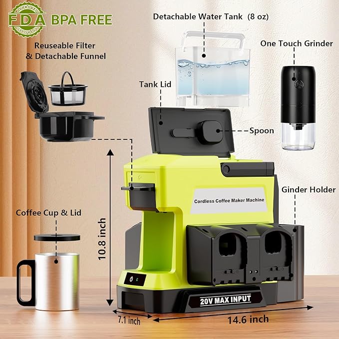Cordless Coffee Maker for Ryobi 18V Battery 3 Brewing Options Drip Coffee Maker with Coffee Grinder Portable Single Serve Coffee Makers for Camping Travel and Jobsite. (Tool Only)