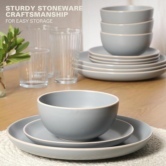 Gibson Home Rockaway 12-Piece Stoneware Dinnerware Set Matte Finish Service for 4 Modern Ceramic Plates and Bowls Microwave &amp Dishwasher Safe – Soft Gray - Service for 4