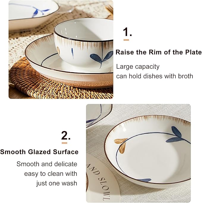 63 Pieces Dish Plates and Bowls Sets Literary Retro Style Dinner Set Thick and Anti-Scald Dish Sets Easy to Clean Dinnerware Sets Easy to Heat Microwave and Oven Safe Service for 12 People
