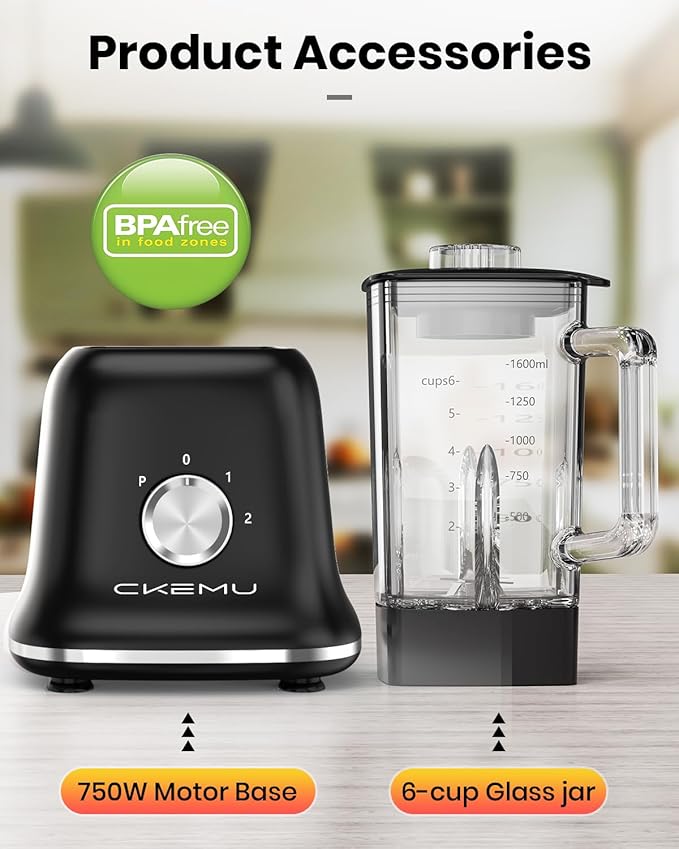 Professional Blender For Smoothies 58 Oz Glass Jar Glass Blender Including Puree &amp Crush Ice Functions 750 Watts (Black)