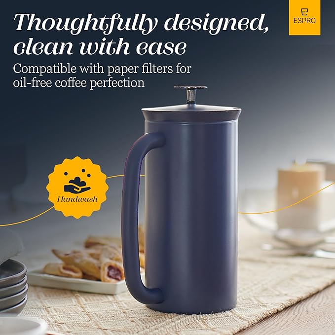 ESPRO P7 French Press Stainless Steel 304 – Patented Double Walled Micro-Filter Insulated French Press Coffee Maker Grit-Free Brew - Heat Resistant BPA Free - Aegean Blue (32oz)