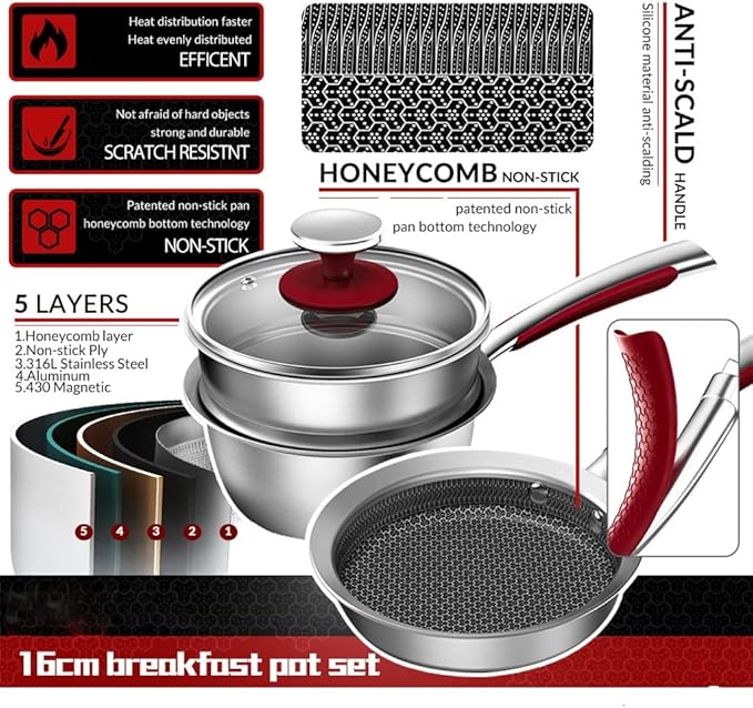 Cookware Set 16Cm Breakfast Pot for Kitchen Frying Pan Milk Pan Stainless Steel Non Stick Cookware Set