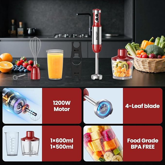 Immersion Blender Handheld Hand Blenders 20 Speed &amp Turbo Mode Hand Held Blender Heaviest Duty Copper Motor Stainless Steel Blades Milk Frother Wand Whisk 600ml Beaker 500ml Chopper (Red)