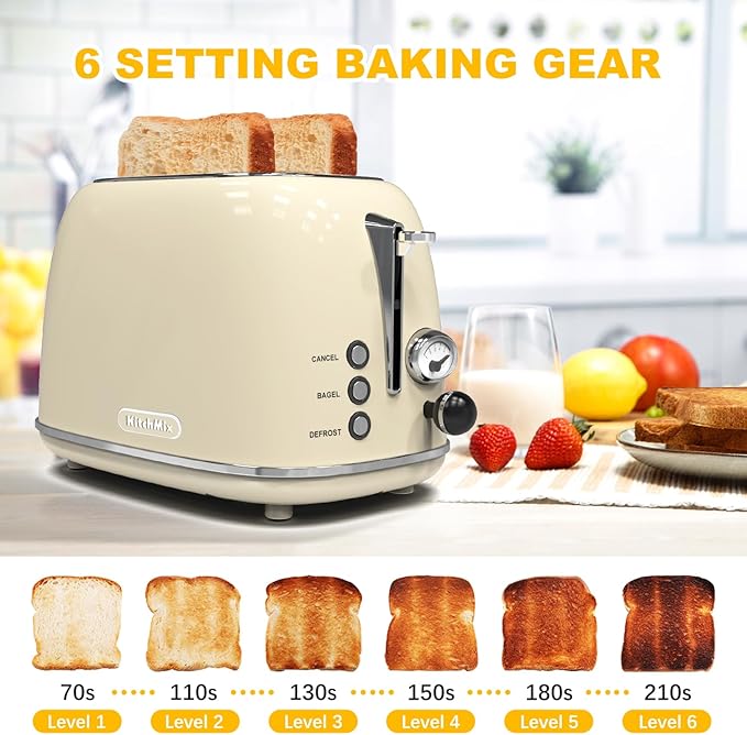 Toaster 2 slice KitchMix Retro Stainless Steel Toaster with 6 Settings 1.5 In Extra Wide Slots Bagel/Defrost/Cancel Function Removable Crumb Tray (Cream)