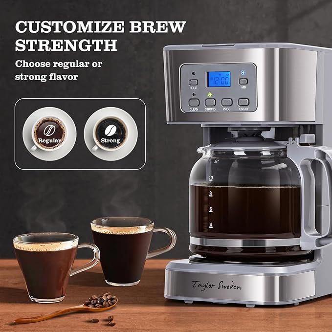 Taylor Swoden 12-Cup Programmable Coffee Maker Regular &amp Strong Brew Drip Coffee Machine for Home and Office Glass Carafe Pause &amp Serve Auto Shut Off Gray &amp Stainless Steel