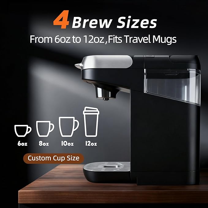 Small Single Serve Coffee Maker for K Cup and Ground Coffee Fast Brew One Cup Coffee 6 to 12 oz. Brew Sizes Machine with Descaling Reminder and Water Window Black