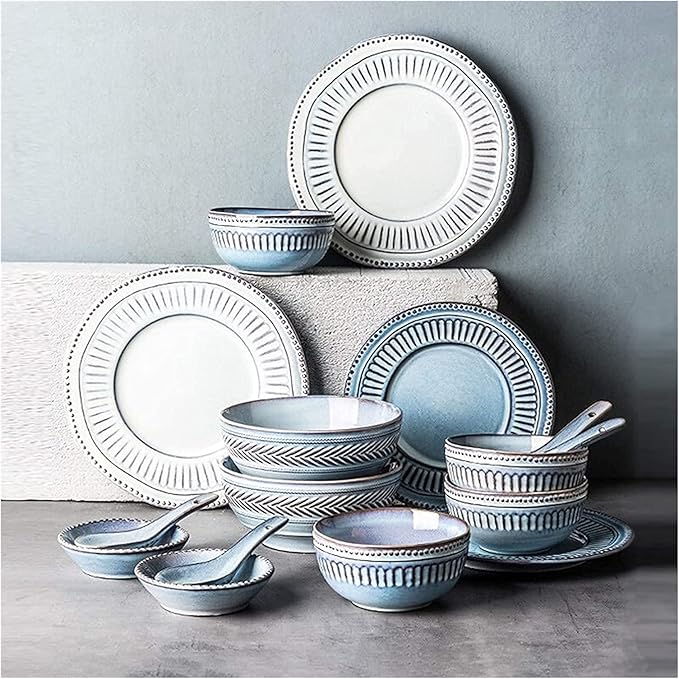 Ceramics Dinner Sets 16 Pieces Relief Craft Porcelain Dinnerware Set|Retro Blue and White Cereal Bowl Steak Plate and Soup Bowl