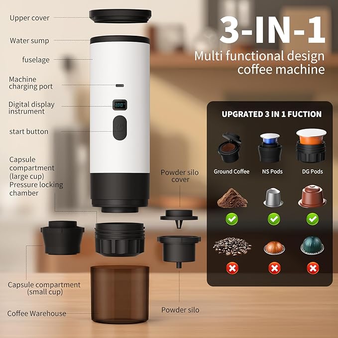 RQUOIRE 3-in-1 Portable Coffee Maker Espresso Machine Self-Heating Travel Coffee Maker Compatible with NS DG Pods &amp Ground Coffee Small Mini Espresso Machine for Car Camping Hiking With Stand