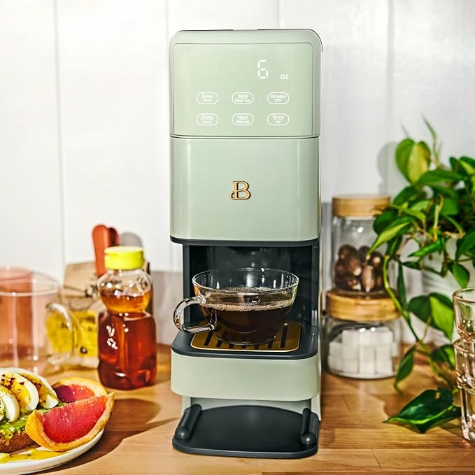 B - Perfect Grind Programmable Single-Serve Coffee Maker with Built-In Grinder Fresh Ground Brewing Touch Controls Reusable Filter Compact Countertop Design (Sage Green)