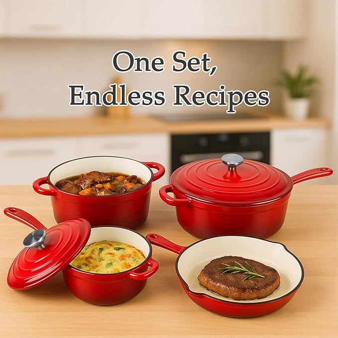 QuliMetal Nonstick Enameled Cast Iron Cookware Set 4-Pcs Pots and Pans with Lid Healthy Round Dutch Oven Pot for Sourdough Bread Baking Oven Safe up to 500° F or on All Stovetop