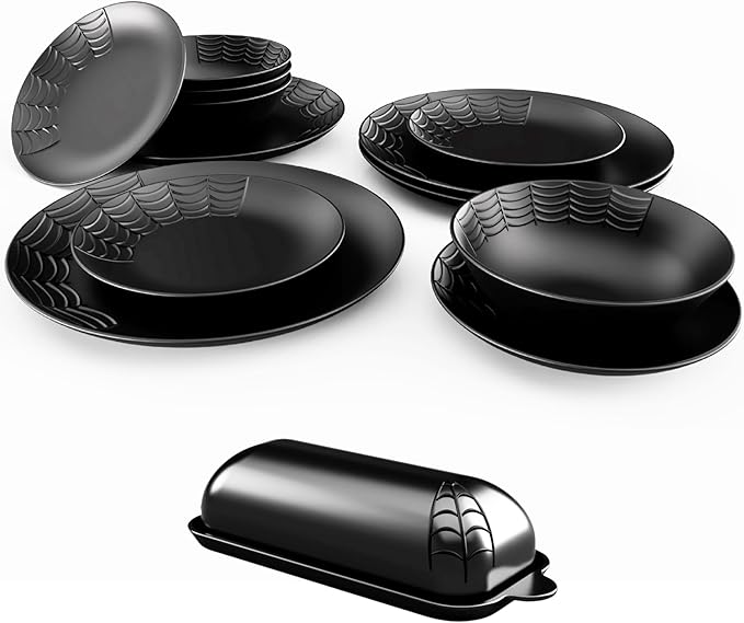 Spiderweb Dinnerware Set of 12 + Butter Dish Set - Gothic Kitchen Decor - Black Matte Porcelain with: 4 Dinner Plates 4 Salad Plates 4 Bowls 1 Butter dish with Lid - Halloween Gifts