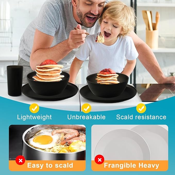 24pcs Dinnerware SetsPlates and Bowls SetsDishes Set for 8Unbreakable Modern Dish SetsReusable Dinning SetDishware Sets for KitchenParty or Picnic Dishwasher SafeBlackBPA free