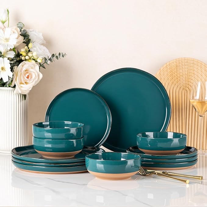 AmorArc Ceramic Dinnerware Sets for 4 12 Pieces Handpainted Plates and Bowls Set with Rustic Terracotta Underside Scratch Resistant Stoneware Dishes Set Dishwasher &amp Microwave Safe