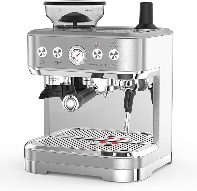 Automatic Coffee Maker Professional Espresso Machine with Grinder Built-in Milk Frother Steam Wand for Cappuccino Latte Macchiato 2.3L Detachable Water Tank Stainless Steel
