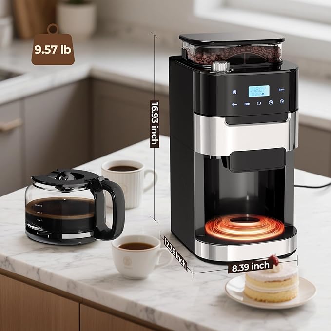 Drip Coffee Maker with Grinder Built In 10-Cup Grind and Brew Coffee Machine Fully Automatic Programmable with Brew Strength Permanent Filter Glass Carafe 50oz Water Tank Ideal for Home/Office