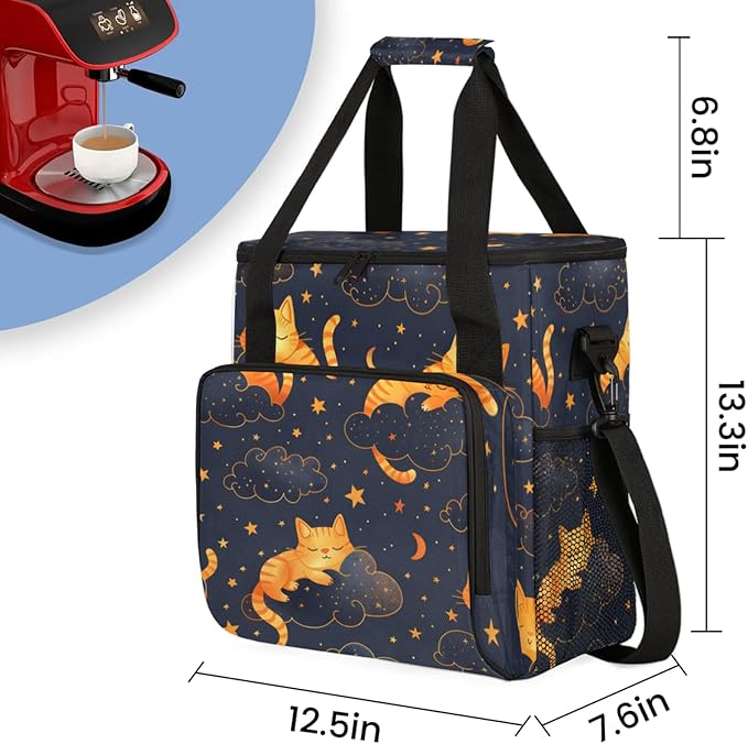 Sleeping Cats Coffee Maker Travel Bag for Keurig K-Mini/K-Mini Plus Insulated Waterproof Tote with Pockets for K-Cup Portable Single-Serve Brewer Case
