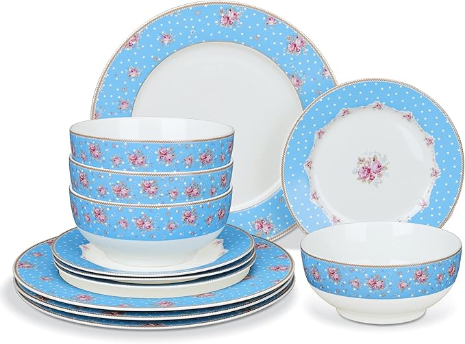 fanquare 12 Piece Dinnerware Set Service for 4 Blue Porcelain Plates Bowls Floral Kitchen Dishes Set White Dot