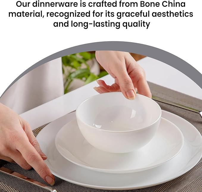 BLUENIYA 12 Piece Bone China Dinnerware Set - White Lightweight Chip &amp Break Resistant Dish Set for 4 - Modern Round Plates &amp Bowls Microwave &amp Dishwasher Safe for Everyday &amp Specia