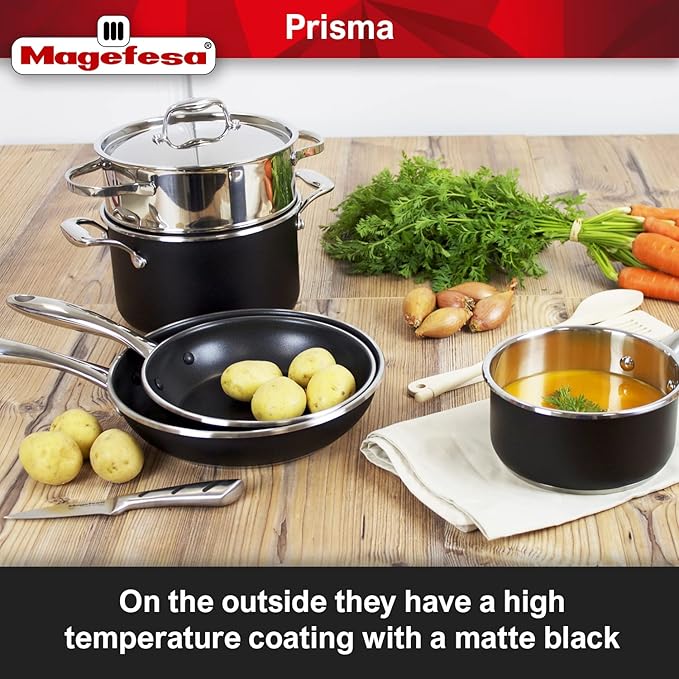 MAGEFESA Prisma 8-Piece Stainless Steel Cookware Set – Durable Pots &amp Pans with Nonstick Interior Matte Black Exterior Oven Safe up to 392°F
