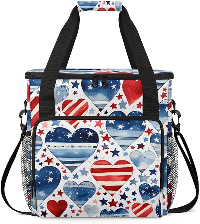 Patriotic Hearts 4th of July Coffee Maker Carrying Bag Travel Storage Bag Compatible with K-Mini or K-Mini Plus Single Serve Coffee Brewer Carrying Case with Multiple Pockets &amp Shoulder Strap