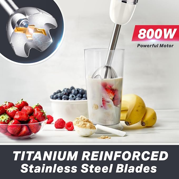 Mueller Multistick 800W 5-in-1 Immersion Blender Handheld 12 Speed Hand Mixer - Turbo Boost Heaviest Duty Copper Motor Titanium Blades Blenders for Kitchen Milk Frother Wand Whisk White