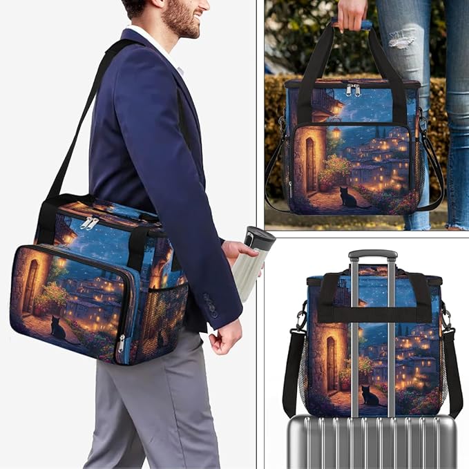 Light Night Scene Cat Coffee Maker Carring Bag Travel Carrying Storage Tote Bag Compatible with Keurig K-Mini or K-Mini Plus Portable Single Serve Coffee Brewer Case with Pockets for K-cup Pods