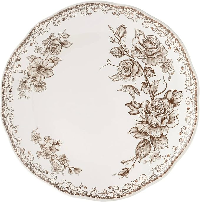 Agatha 12-Piece Stoneware Dinnerware Set – Service for 4 Rustic Farmhouse Plates &amp Bowls Vintage Floral Design Microwave &amp Dishwasher Safe (Brown)