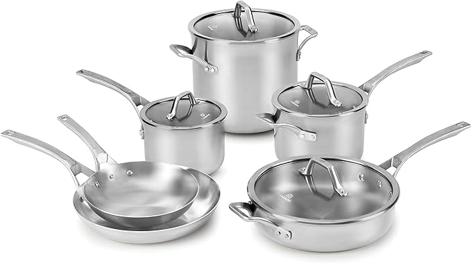 Calphalon 5-Ply Stainless Steel Cookware Set 10 Piece Includes Frying Pans Pots and Pans Set Induction Oven Safe 500F Silver