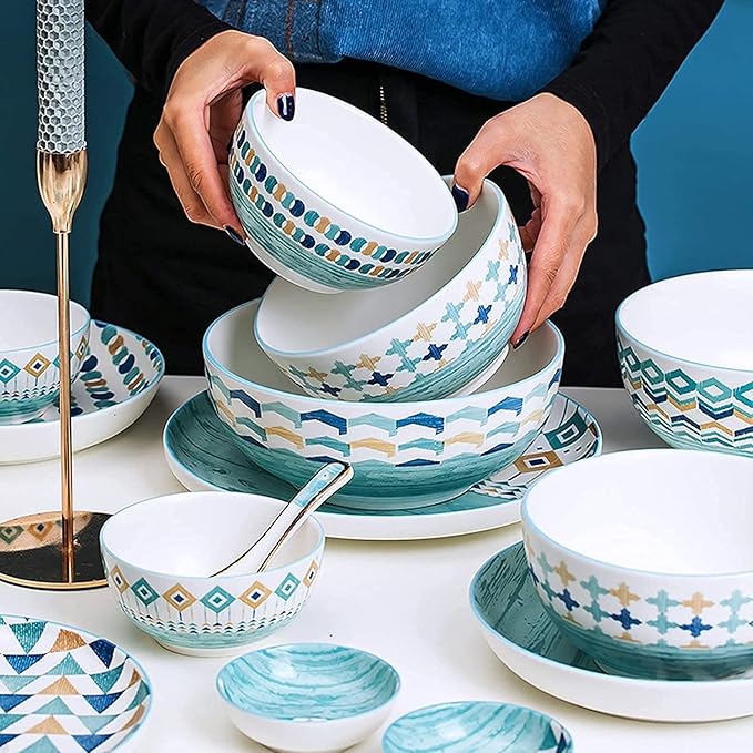Porcelain Dinnerware Sets Plates and Bowls Sets Ceramics Dinner Sets Blue Patterns Porcelain Dinnerware Set of 42 | Cereal Bowl and Steak P