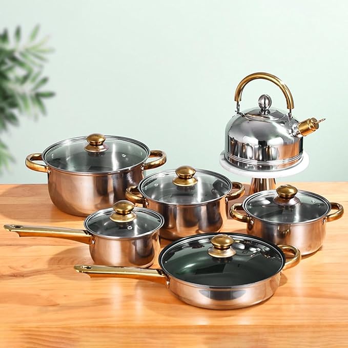 Pots and Pans Set 6 Pieces Stainless Steel Cooking Set Portable with Glass Lid Cookware Pots and Pans Set for Home Kitchen Cooking Set(A)