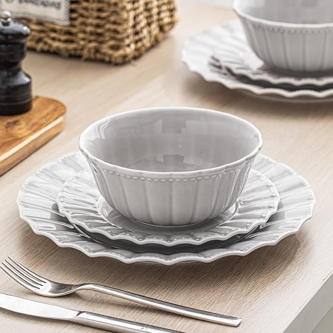 HOMBENE Dinnerware set 12 Piece plates and bowls sets for 4 Ceramic Modern dish set for party Porcelain dish set House gift Microwavable safe Light Grey