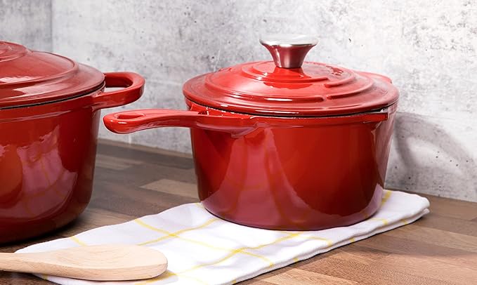 Larder &amp Vine 5-Piece Enameled Cast Iron Cookware Set - Includes 5.7 Quart Dutch Oven with Lid 10.25 Inch Skillet 2.2 Quart Saucepan with Lid (Cabernet)