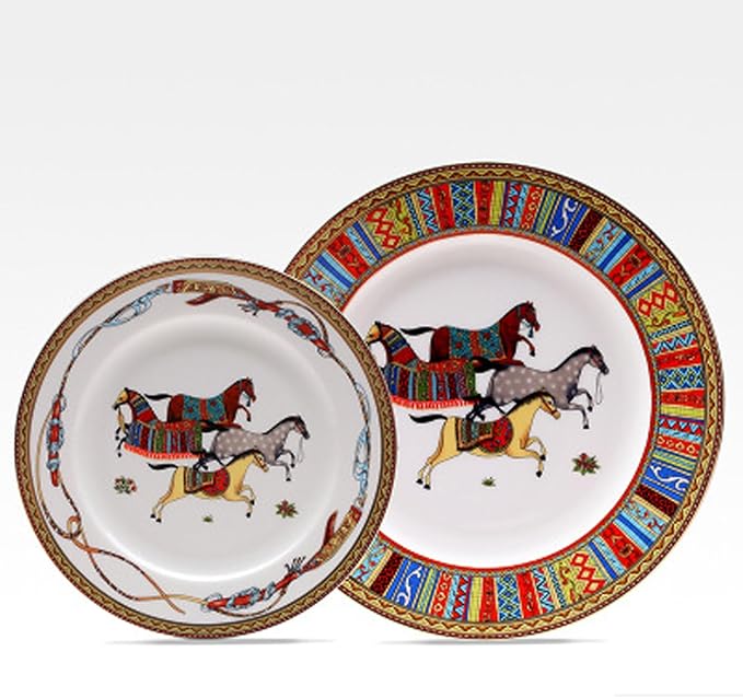 European Style Dinnerware Set Service for 6 Bone China Dinnerware Sets Unbreakable Porcelain Dinner Sets Coffee Cup and Saucer Tableware Set Steak Dinner Plates Dish Set horse-07