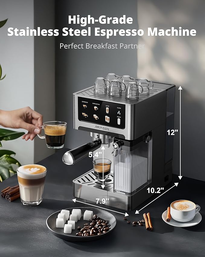 AIRMSEN 20 Bar Espresso Machine with Automatic Milk Frother Cappuccino &amp Latte Coffee Maker with Quick Brew Dual Boiler (1350W + 1000W) Stainless Steel 60oz Water Tank Touchscreen