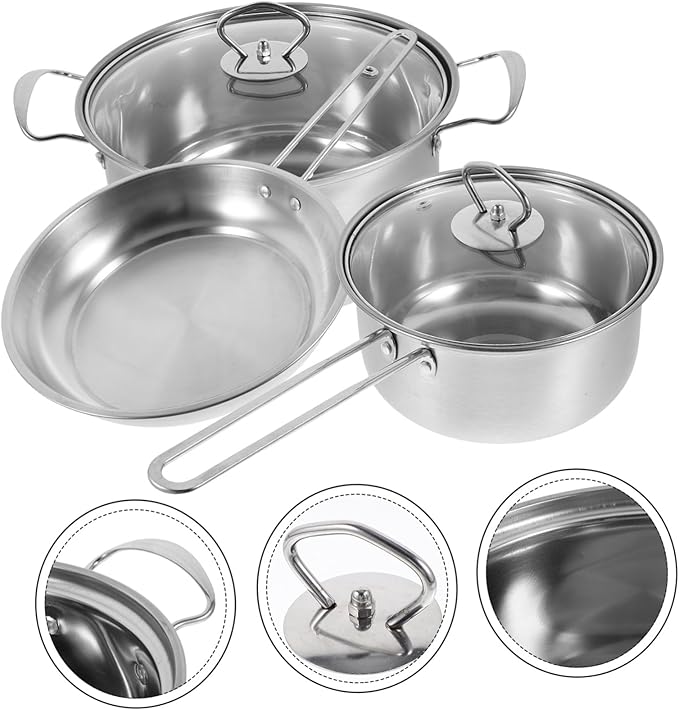 3-Piece Stainless Steel Cookware Set Soup Pot Frying Pan Milk Pot Multi-functional Kitchen Cookware Lid Suitable for Induction Cookers Household Cooking Essentials