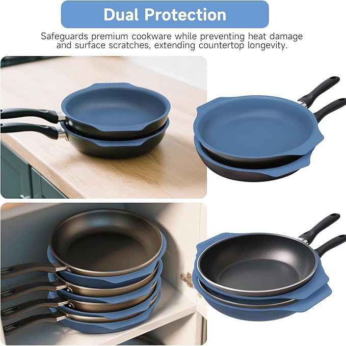 Silicone Pan Protectors for 12-Inch Frying Pans - Non-Slip Stacking Guards BPA-Free &amp Dishwasher Safe | Protect Cookware from Scratches (Blue 2 Pack)