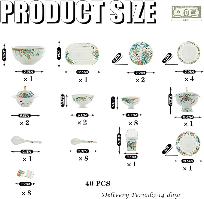 Fine Bone China Dinnerware Set Porcelain &amp Ceramic Dinnerware Sets Bone Stoneware &amp Ceramic Cookware Tableware Set Includes Dinner Plates|Spoons|Pasta Bowls (40PCS * 8-Person Set)