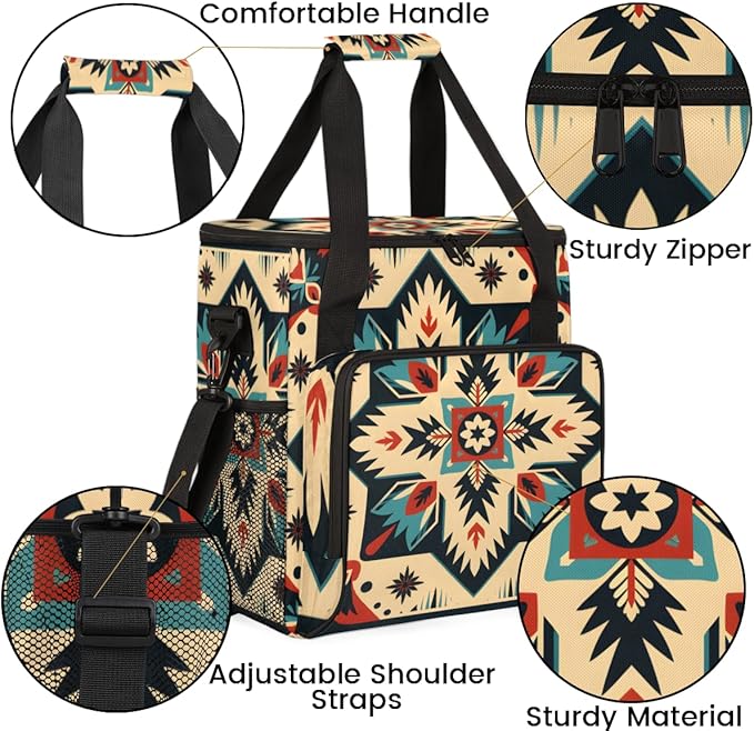 Retro Aztec Coffee Maker Carrying Bag Geometry Flower Travel Storage Bag Compatible with K-Mini or K-Mini Plus Single Serve Coffee Brewer Carrying Case with Multiple Pockets &amp Shoulder Strap