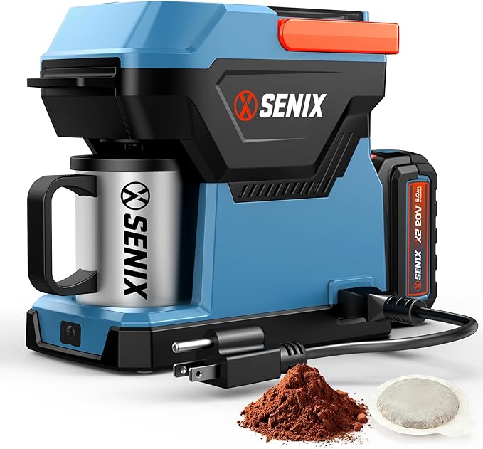 SENIX Portable Coffee Maker with 5000mAh Battery Dual AC/DC Electric Coffee Machine for Car/RV/Camping Cordless Outdoor Travel Brewer Compatible with Ground &amp ESE Pods Included Cup