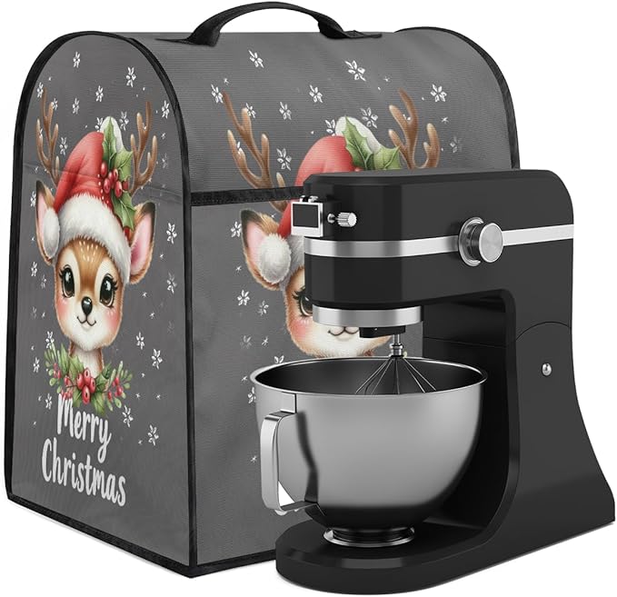 Kitchen Aid Mixer Cover Christmas Cute Deers Holly Stand Mixer Cover Compatible with 6-8 Quarts Stand Mixers Dust Covers with Zipper Pocket Foldable Washable Kitchen Aid Organizer Bag
