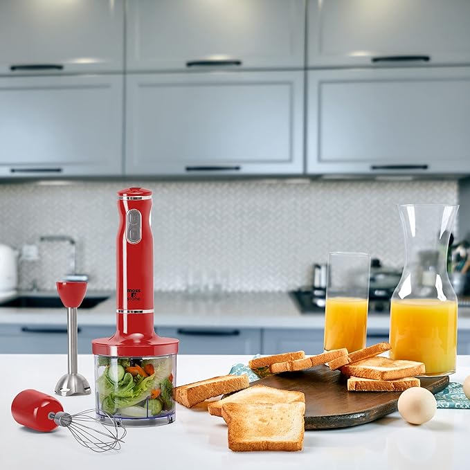 Moss &amp Stone Electric Hand Blender Set 300W Immersion Hand Blender with Whisk and Chopper Stainless Steel Shaft and Blades 2-Speed Handheld Mixer with Ergonomic Grip Red