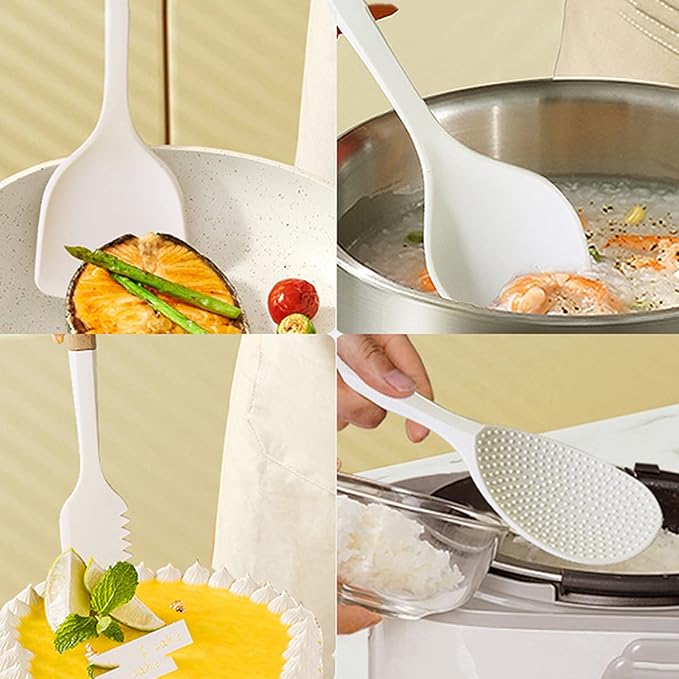 13 Piece White Wooden Handle Utensils Set Silicone Non-Stick Cookware Available Non-Scalding Handle Kitchen Set Home Cooking Baking Complete Set with Storage Bucket