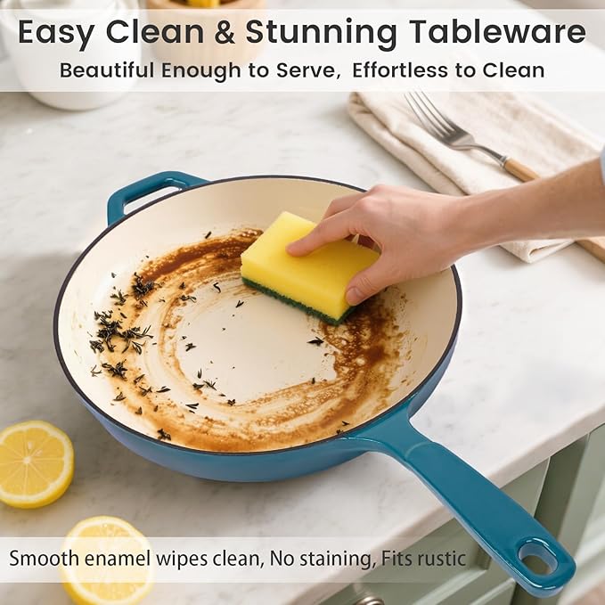 Hisencn Enameled Cast Iron Frying Pan Set 3 Piece Set of Skillets(8''/9.5''/11'') PFAS &amp PTFE &amp PFOA -Free Gas/Induction/Electric/Oven Compatible Biscay Blue