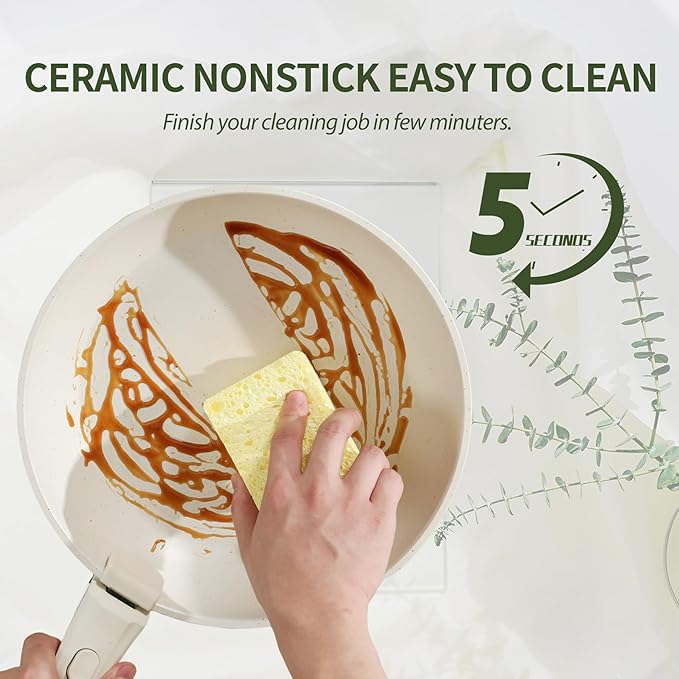 Nonstick Ceramic Cookware Set 21PCS with Detachable Handle Pans and Pots Set RV Kitchen Set Cookware Set with Removable Handles Oven Safe Induction Ready Stackable Non-stick Set
