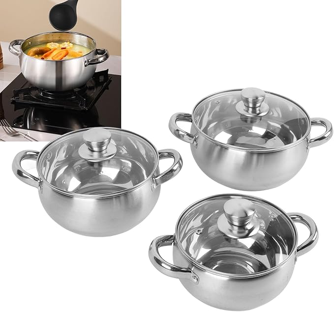 3Pcs Stainless Steel Cookware Set Thick Bottom Kitchen Cookware Set Cooking Pots for Home Kitchen Cooking Boiling