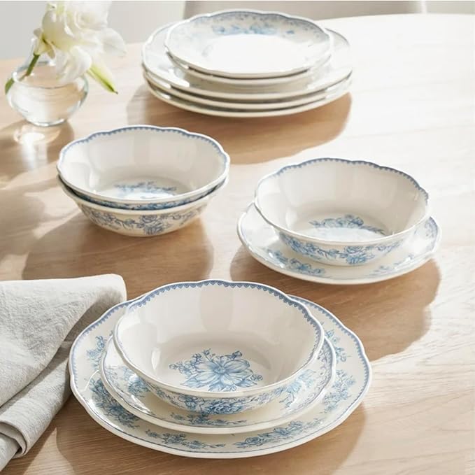 Vintage inspired Agatha Blue 12-Piece Stoneware Dinnerware Set